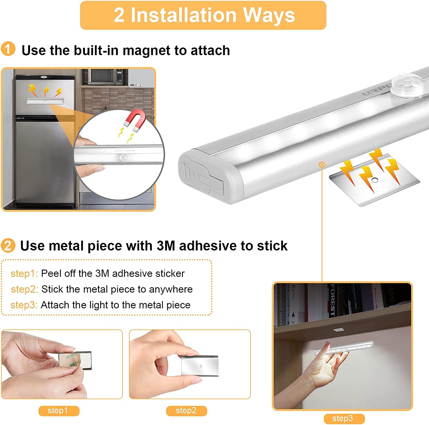 Motion Sensor Light Indoor Motion Sensor Closet Lights Battery Operated Magnetic under Cabinet Lights Strip Wireless Stick up Night Lights (Cool White 2 Pack)