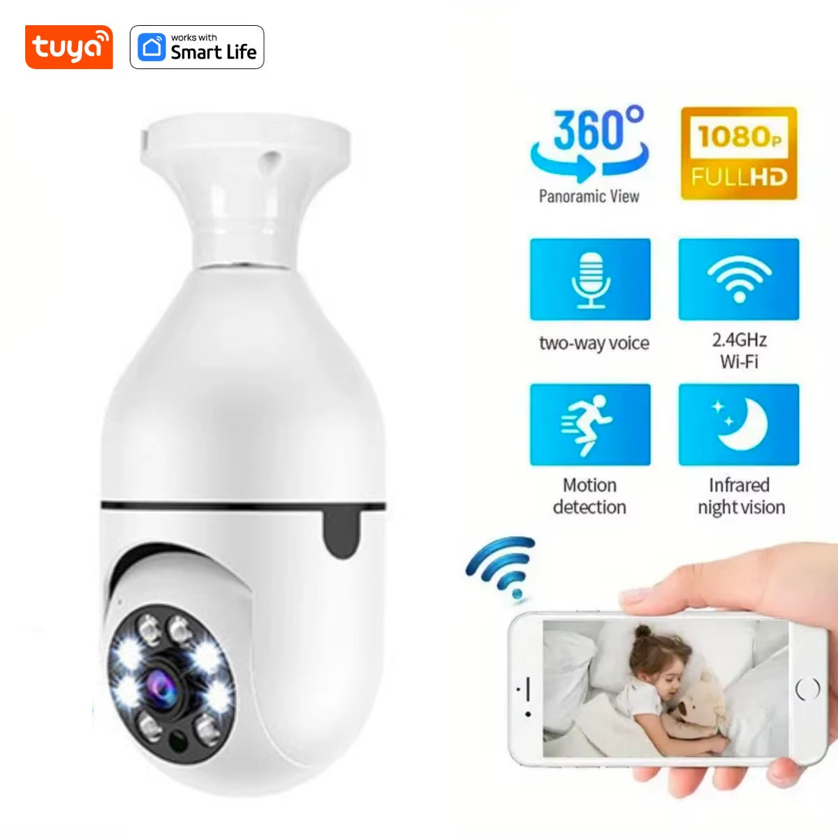 Tuya Smart Home 2.4G E27 Bulb Wifi Surveillance Camera HD Night Security Video Surveillance Supprt Two Way Audio Mobile Motion